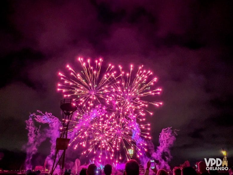 foto do show de fogos luminous, com pessoas assistindo em frente ao lago e fogos da cor roxa no céu.