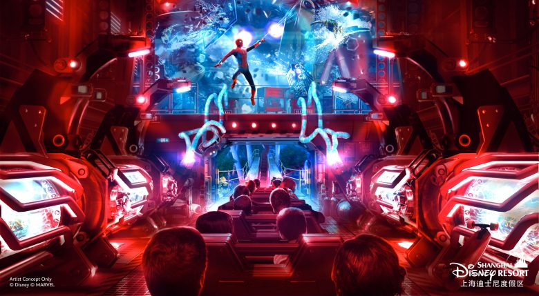 Imagem conceitual da nova montanha-russa do Homem-Aranha na Disney de Shanghai