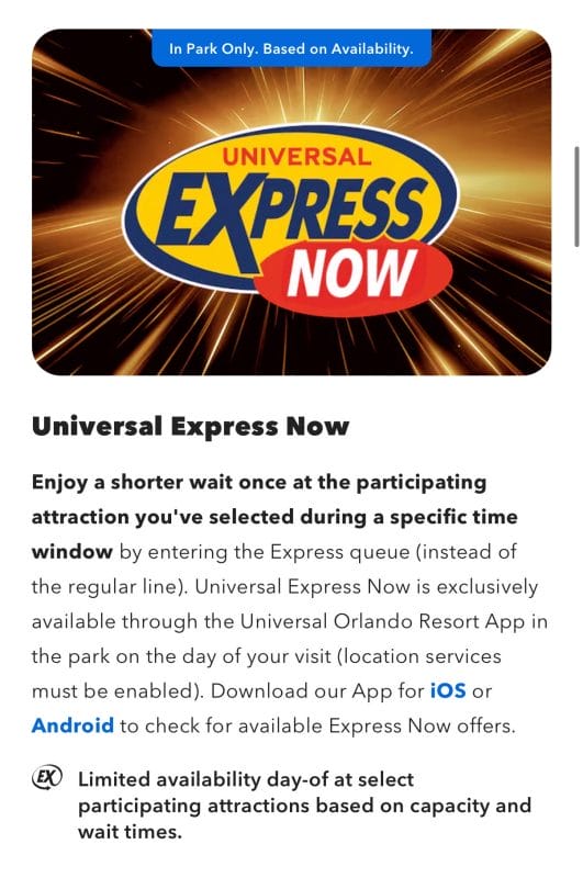 Print do item do Universal Express Now no aplicativo da Universal