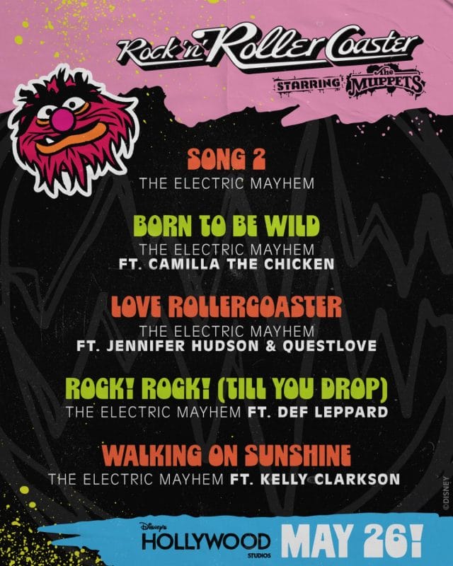 Arte com a setlist da Rock 'n' Roller Coaster Starring The Muppets