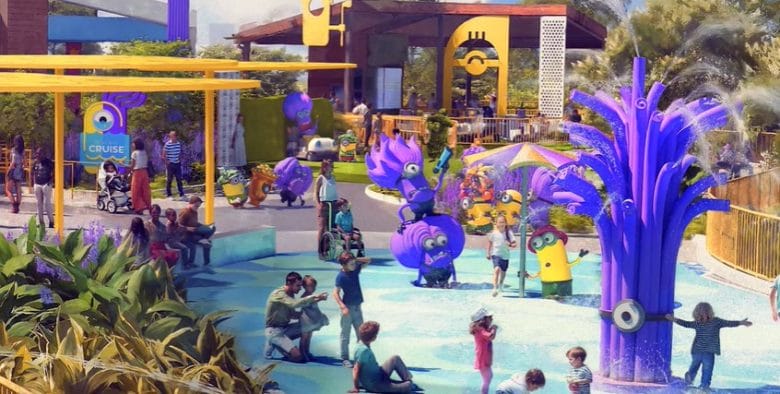 Arte conceitual do splash zone da área dos Minions no Universal Kids Resort