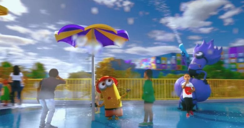 Arte conceitual do splash zone da área dos Minions no Universal Kids Resort