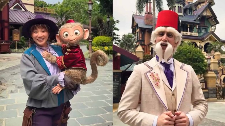 Imagem do Lord Henry Mystic e o macaquinho Albert da Mystic Manor na Disneyland de Hong Kong