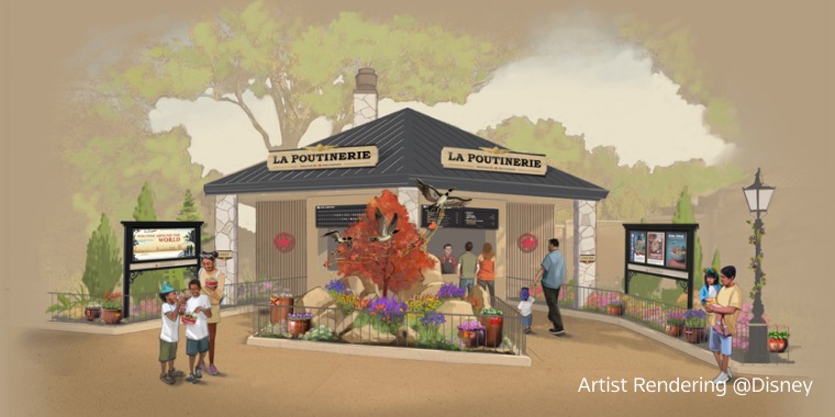 Arte conceitual do quiosque La Poutinerie no pavilhão do Canadá no Epcot